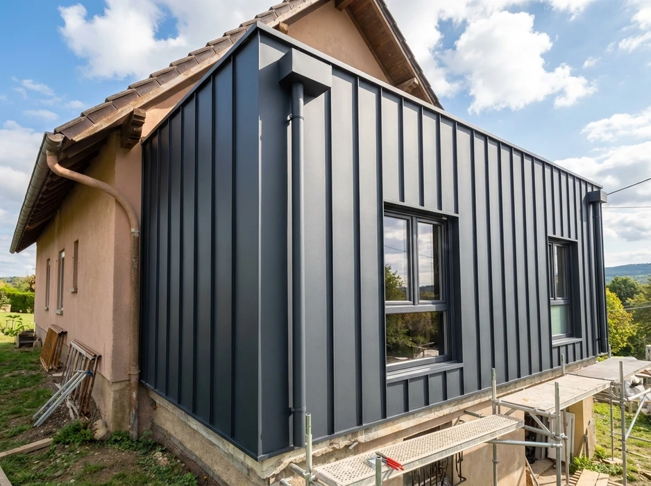 Extension moderne d'une maison ancienne en bardage métallique vertical gris anthracite (type zinc ou acier laqué), avec raccord à une façade enduite rose
