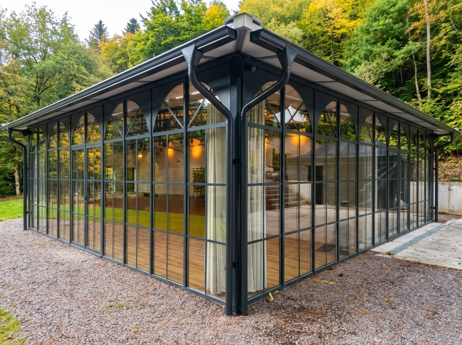 Clôture en aluminium laqué gris anthracite (RAL 7016), composée de lames horizontales à profil ondulé, fixées sur poteaux carrés encastrés dans un soubassement en béton blanc