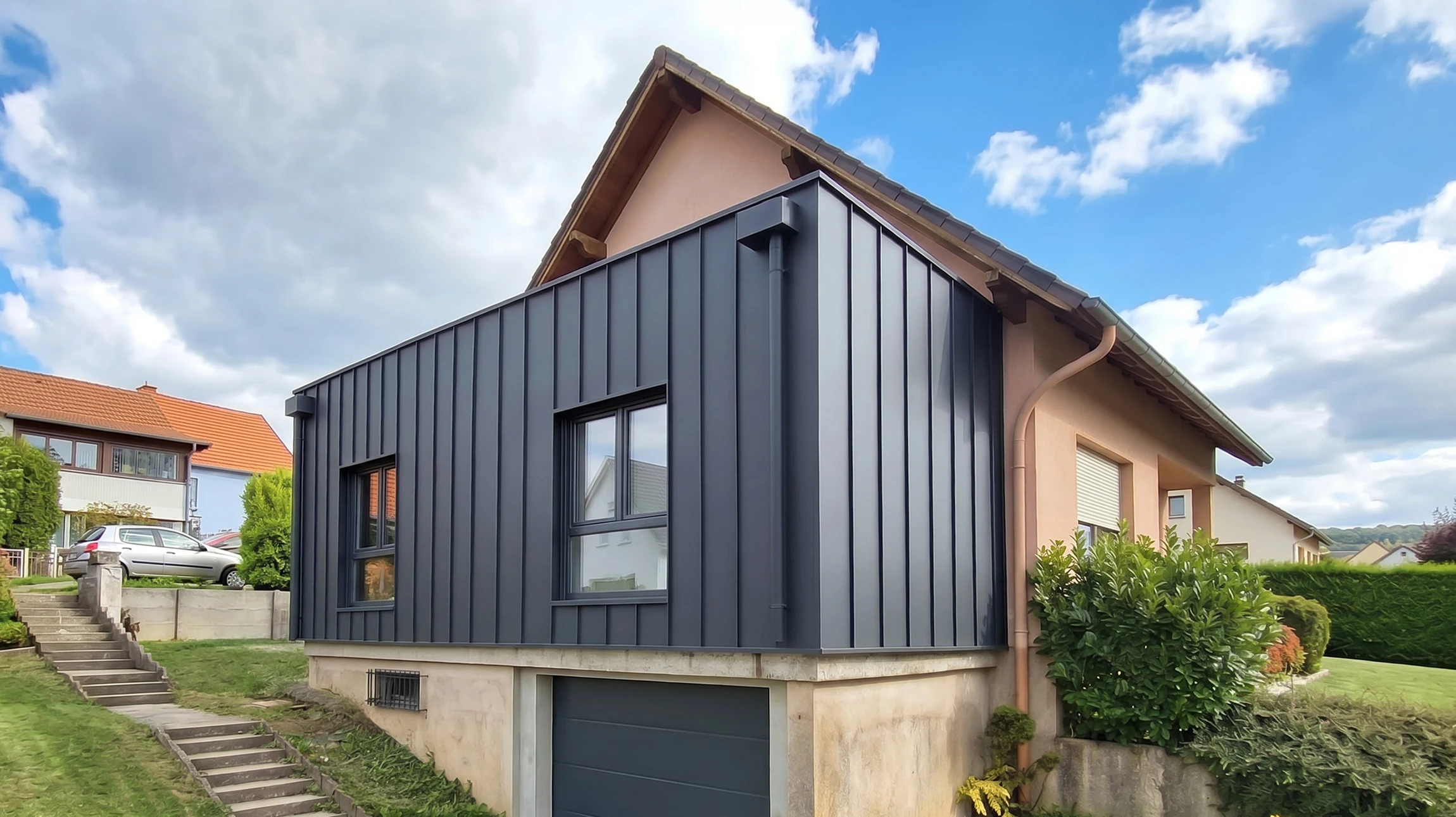 Verri&egrave;re industrielle ext&eacute;rieure en acier thermolaqu&eacute; anthracite, structure gothique avec arcs bris&eacute;s