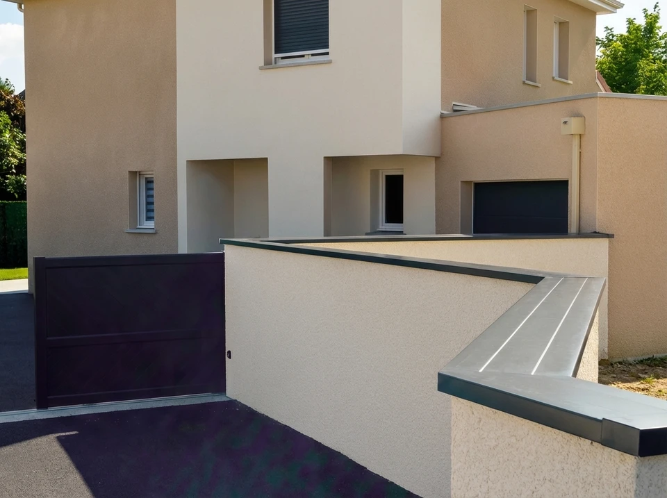 Maison individuelle contemporaine avec façade crépie beige, toiture en tuiles mécaniques grises, cheminées maçonnées